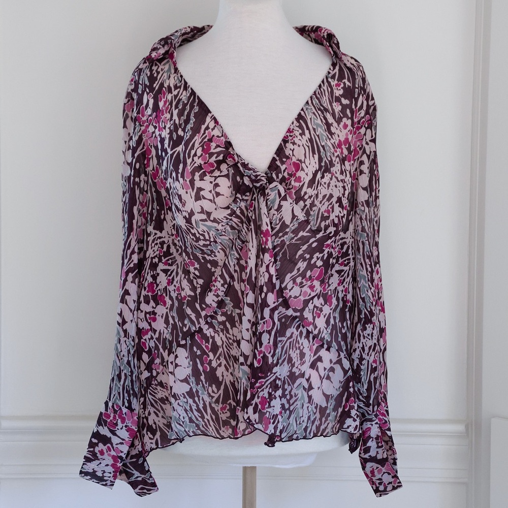 Lane Bryant Long Sleeve Sheer Purple Floral Twist Front Shimmer Top Size 22/24